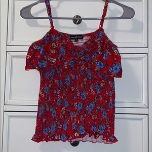 red floral off-shoulder top